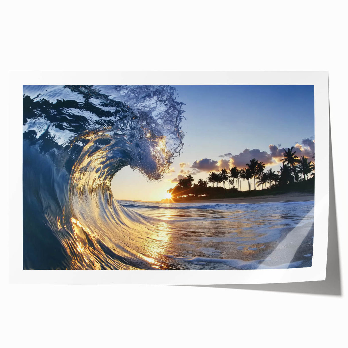 Vibrant landscape print showcasing serene beach scene with soft waves and golden sands, rolled in protective cardboard tube for easy shipping and storage.