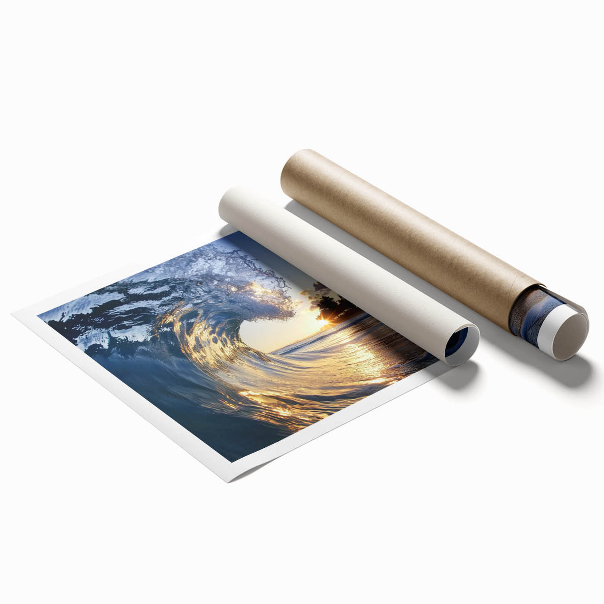 Landscape print showcasing a serene beach scene with soft waves and a vibrant sunset, rolled and packaged in a protective cardboard tube for easy display.