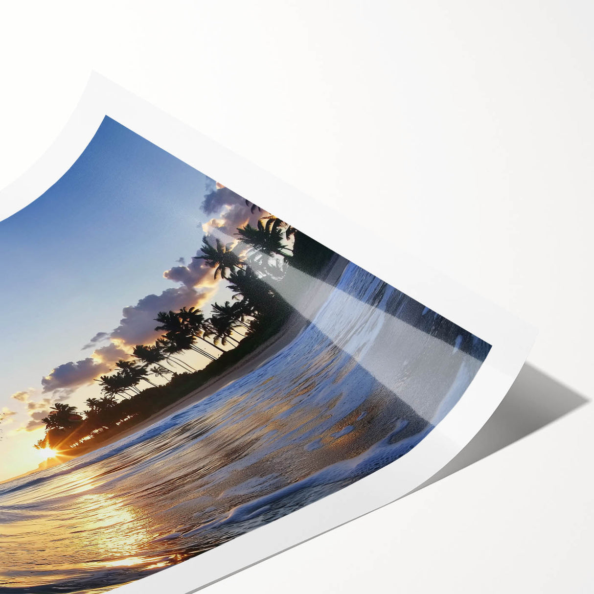 Rolled print showcasing a serene beach landscape with soft pastel colors, ideal for home decor, carefully packaged in a protective tube for safe delivery.