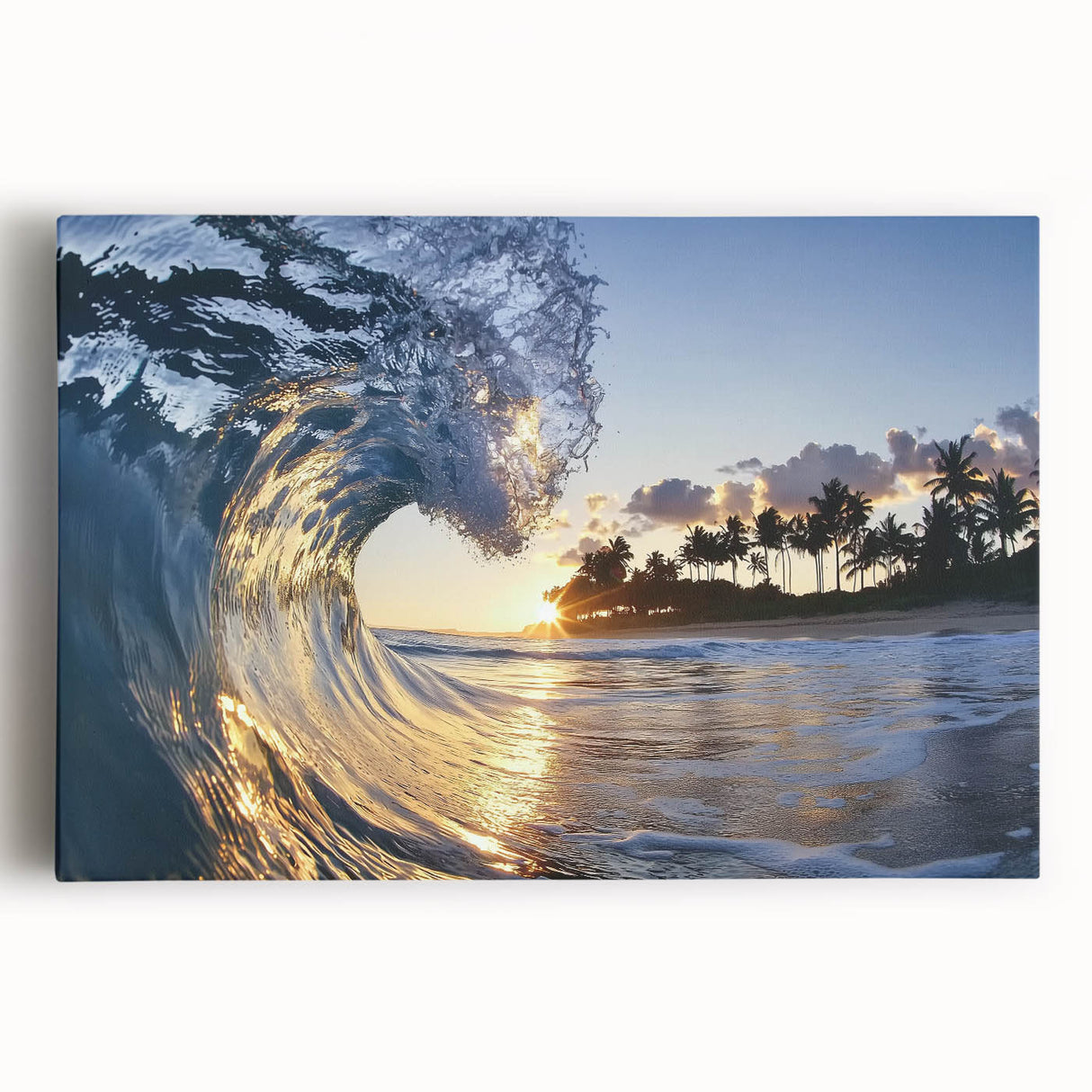 Stretched canvas artwork depicting a serene beach landscape at sunset, showcasing vibrant colors and gentle waves, perfect for coastal home decor.