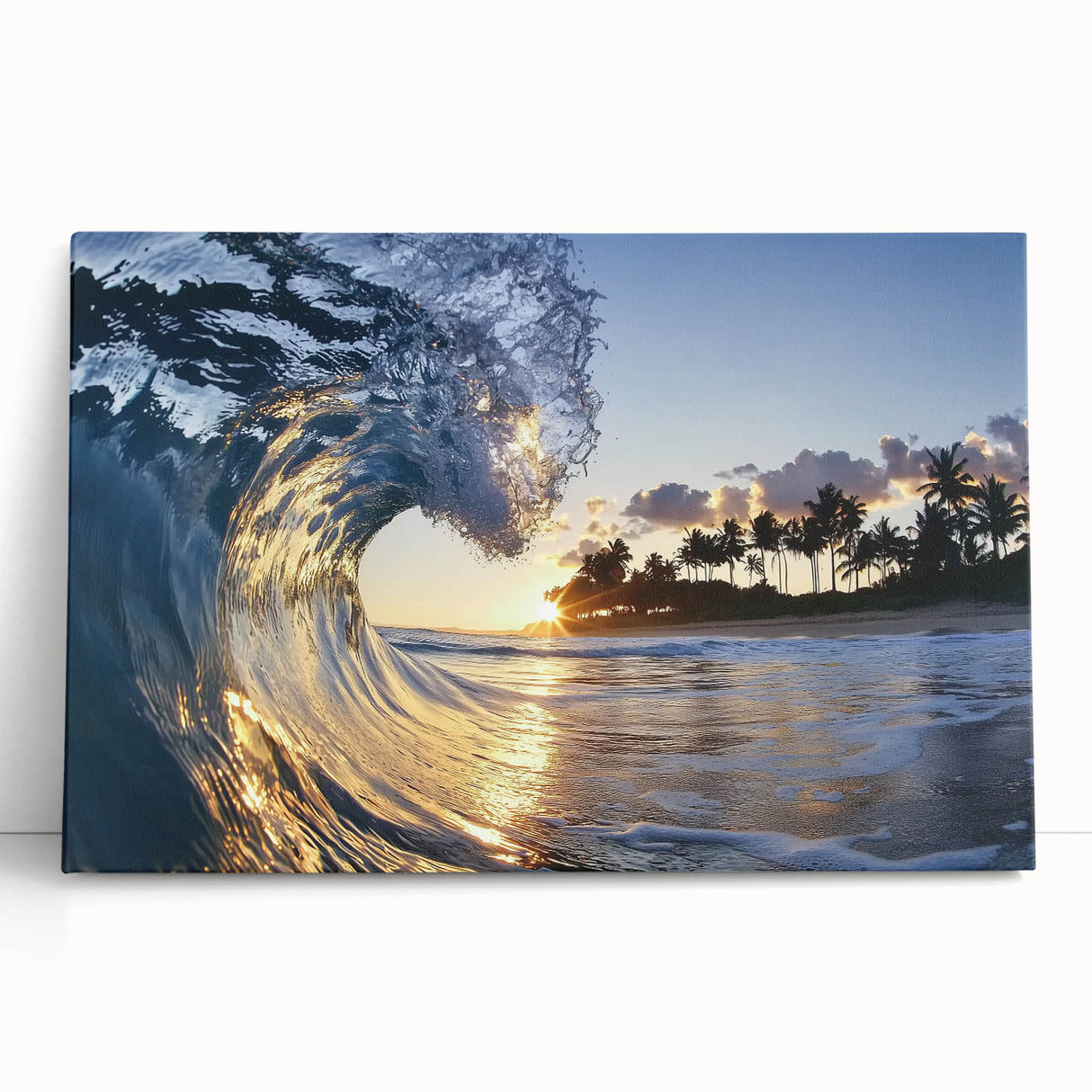 Stretched canvas artwork showcasing a serene beach landscape, featuring soft pastel colors and gentle waves, designed to enhance coastal-themed decor and evoke tranquility.