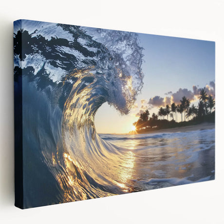 Stretched canvas featuring a vibrant beach landscape with a serene ocean view, highlighting soft waves and clear skies, perfect for coastal home decor.
