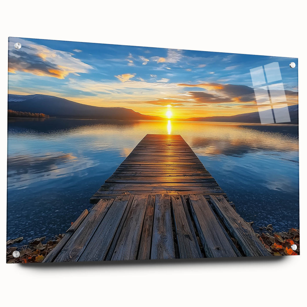 Acrylic glass landscape bridge design viewed from the side, showcasing the vibrant colors and intricate details, secured with decorative pins for display.