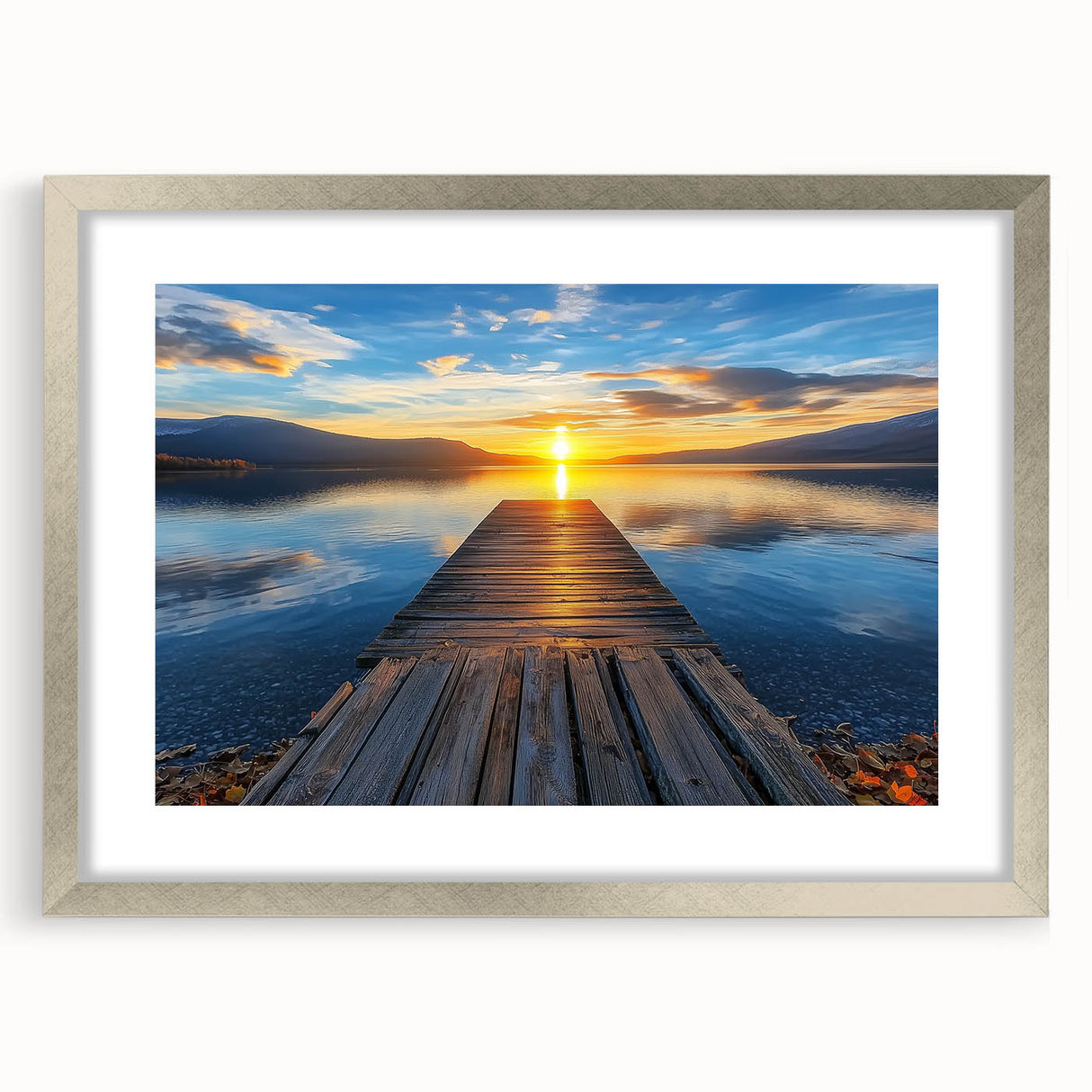Silver landscape bridge frame with mat, showcasing an elegant front view, ideal for displaying artwork or photographs in a modern setting. Perfect for home decor.