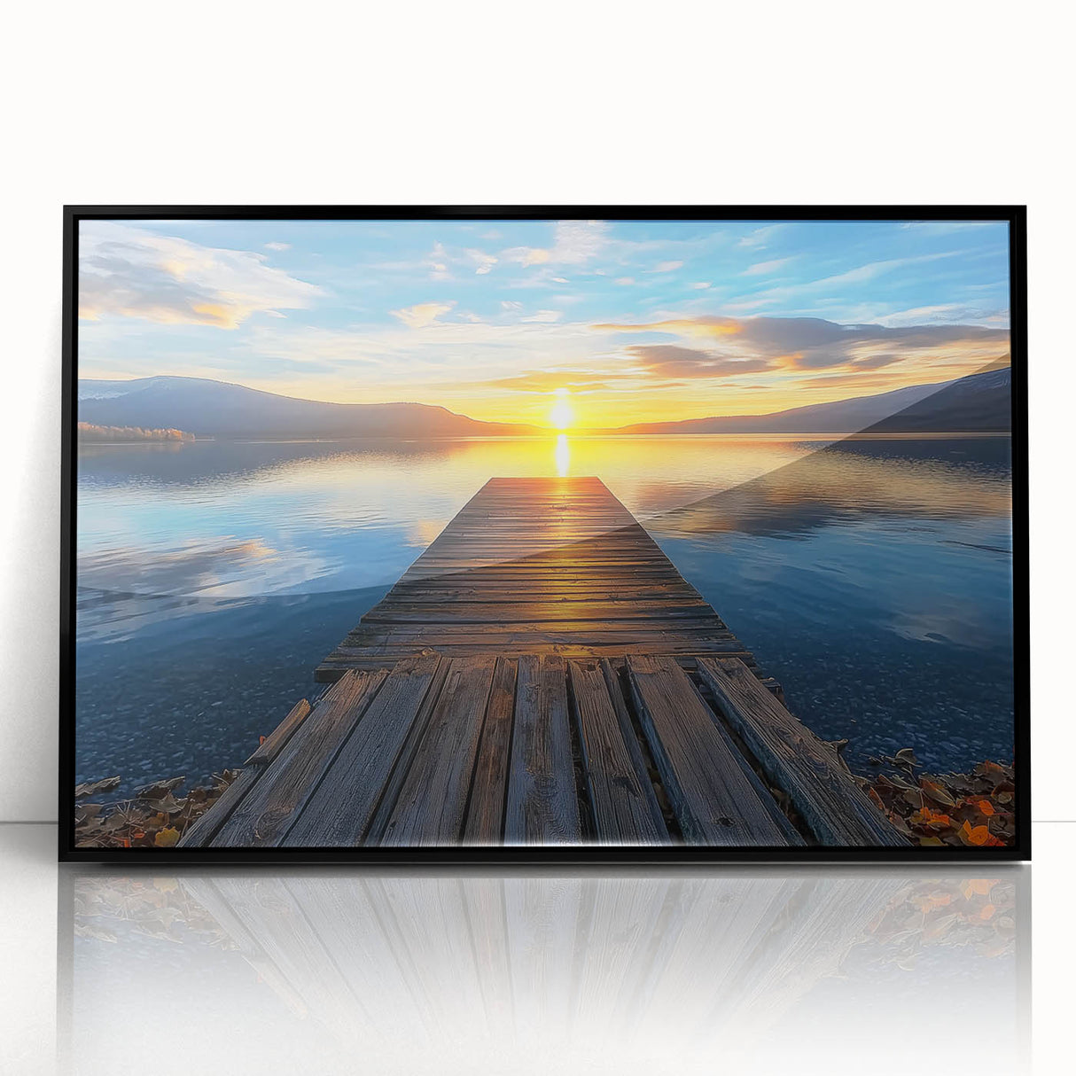 Framed acrylic artwork of a landscape bridge, showcasing intricate details and vibrant colors, with a sleek black frame, ideal for modern home decor.