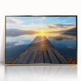 Framed acrylic artwork showcasing a stunning landscape bridge scene, highlighted by vibrant gold accents, perfect for modern home decor or office aesthetics.