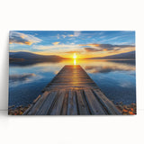 Stretched canvas artwork depicting a serene landscape featuring a wooden bridge surrounded by lush greenery and vibrant trees, ideal for home decor and nature lovers.