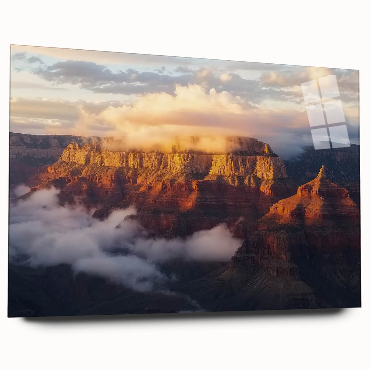 Landscape acrylic artwork showcasing vibrant canyons in rich earthy tones, displayed from a side view without pins, ideal for modern home decor. Perfect for adding a nature-inspired touch to any living space.