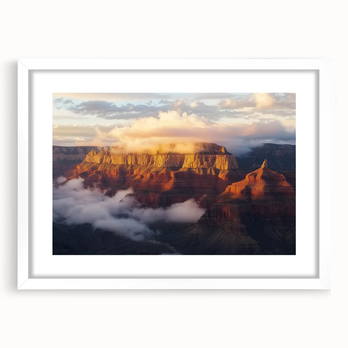 Landscape art print of canyons framed with a white mat, showcasing vibrant colors and intricate details. Ideal for home decor or office spaces, adding a touch of nature-inspired elegance.