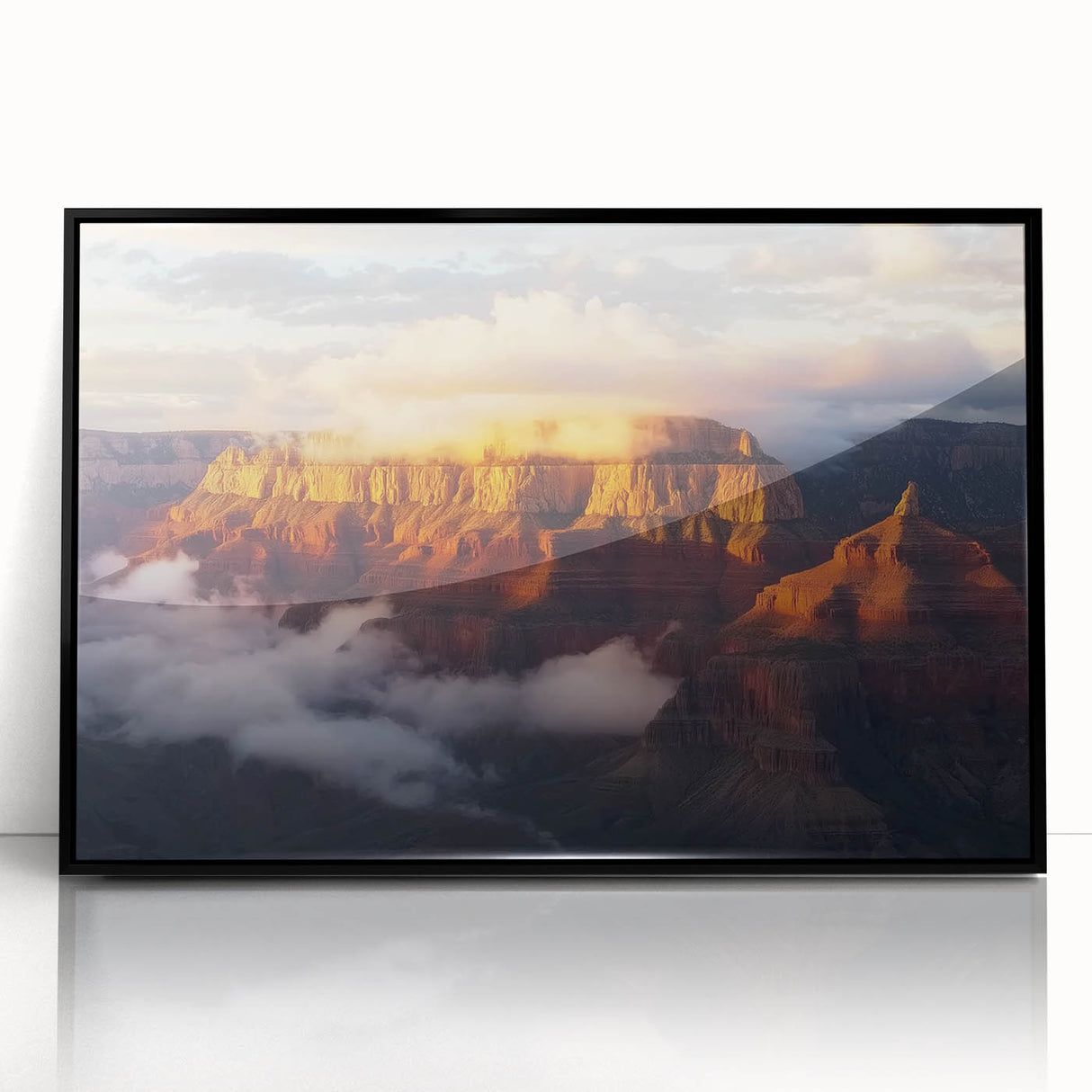 Framed acrylic landscape artwork depicting vibrant canyons in rich earth tones, presented from a front view with a sleek black frame, perfect for modern decor.