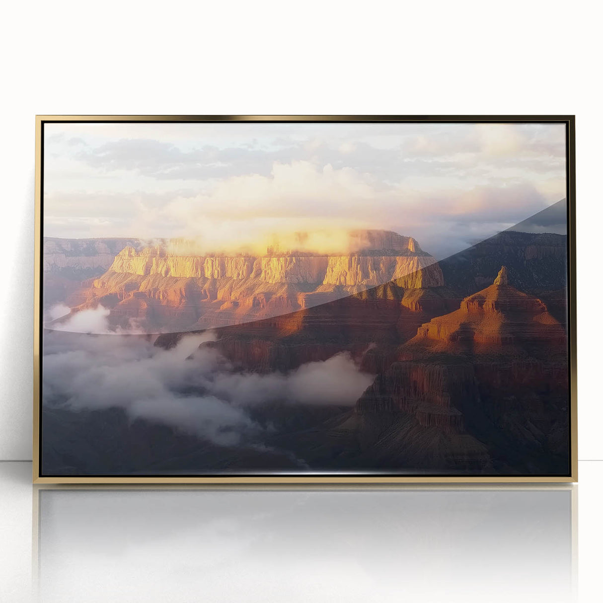 Framed acrylic artwork showcasing a vibrant landscape of canyons in rich gold tones, ideal for home decor, enhancing modern interiors with artistic flair.