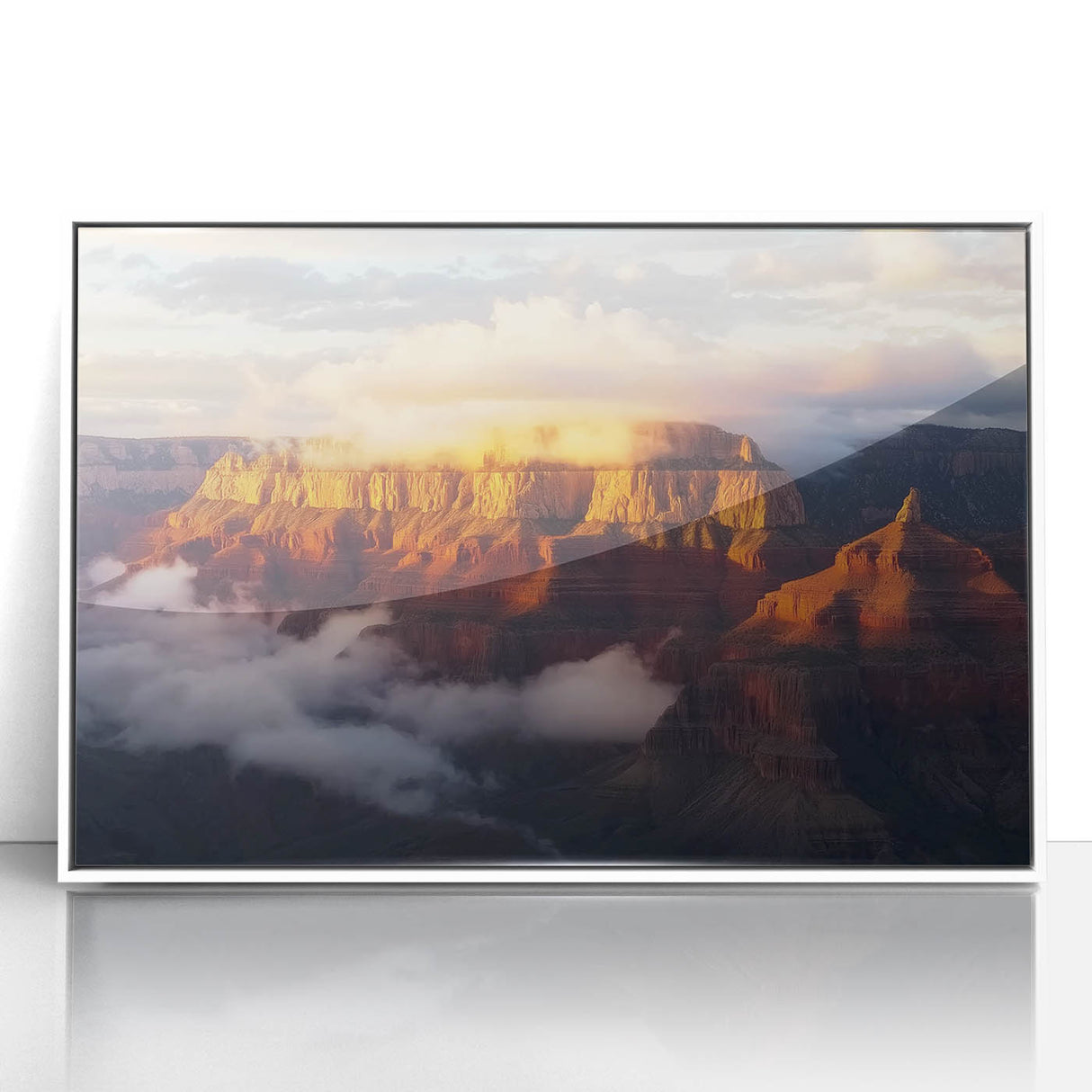 Framed acrylic artwork depicting a vibrant landscape of canyons, showcasing rich earthy tones and dramatic textures, perfect for home or office decor.