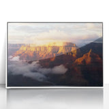 Framed acrylic artwork depicting a vibrant landscape of canyons, showcasing rich earthy tones and dramatic textures, perfect for home or office decor.