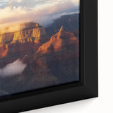 Close-up of a framed landscape canvas artwork depicting colorful canyons, showcasing textured details and vibrant hues, ideal for home decor enthusiasts.