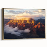 Framed landscape canvas depicting vibrant canyons with gold accents, showcasing stunning geological formations, perfect for modern home decor or office settings.