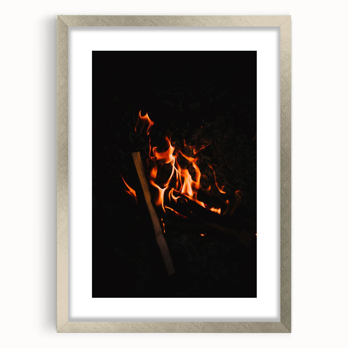 Textured abstract art print with autumnal hues on a silver-framed mat, ideal for bedroom decor.