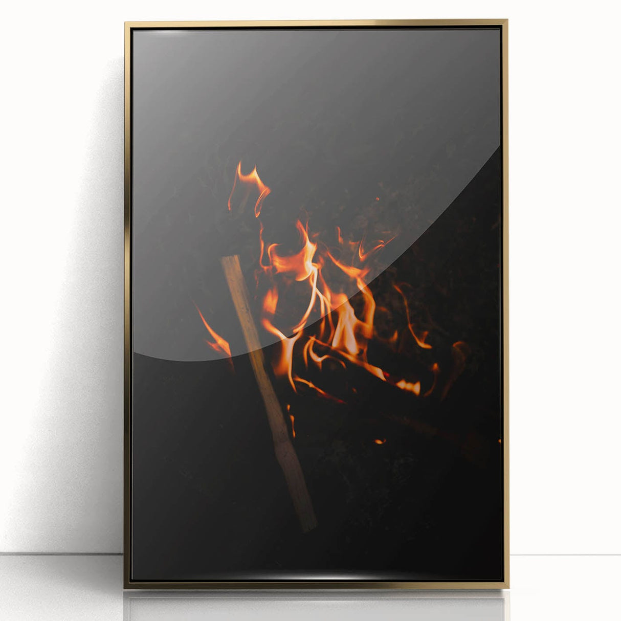 Large art print of a mid-century modernist autumn scene in gold and orange tones, framed acrylic.