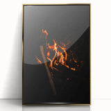 Large art print of a mid-century modernist autumn scene in gold and orange tones, framed acrylic.