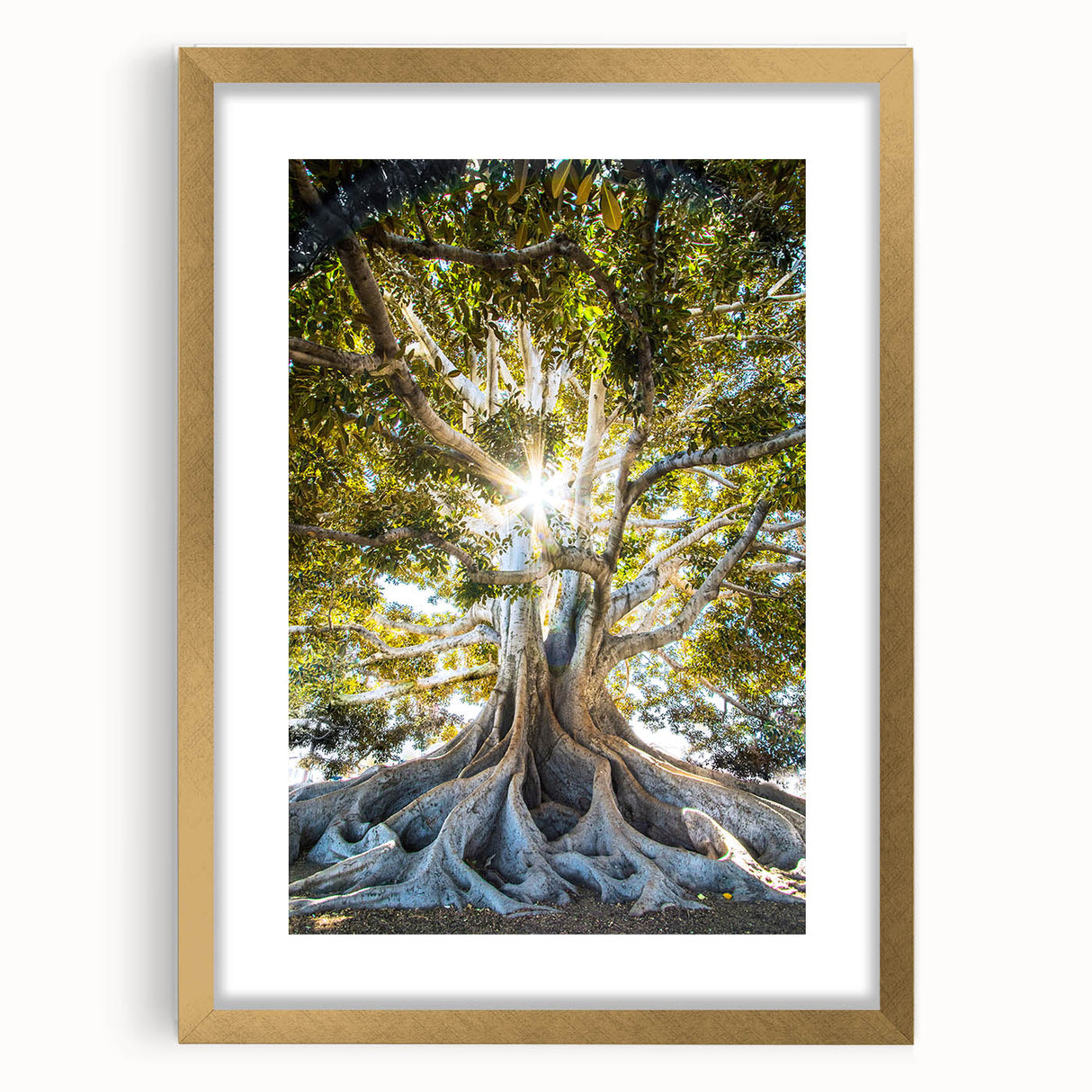 Extra large abstract art print with textured spring design in vibrant green and yellow, framed in gold.