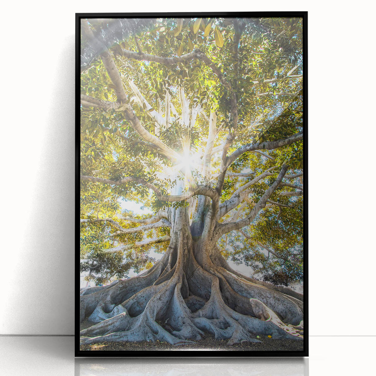 Large abstract wall art with spring motif in soft green and pink, framed in black acrylic.