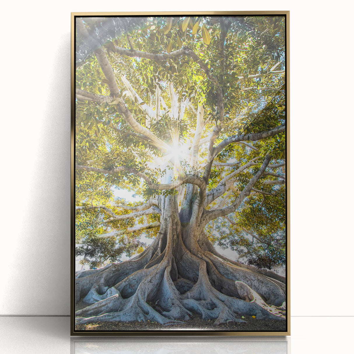 Large art print of a mid-century modernist spring scene in vibrant green and gold tones on acrylic.