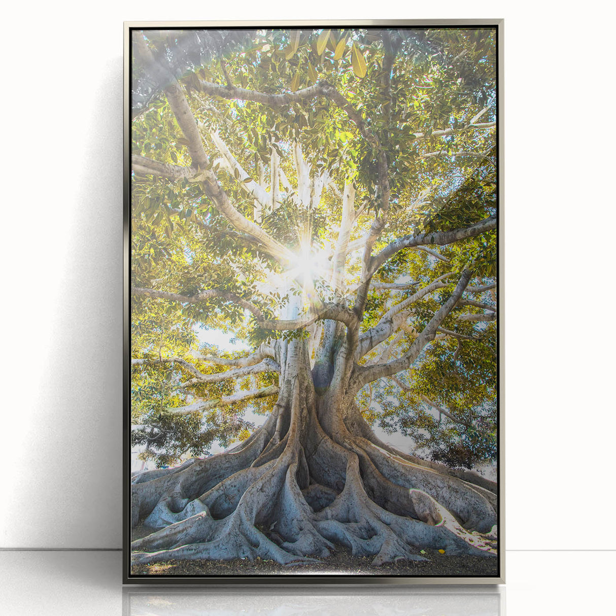 Mid-century modernist art depicting spring season in pastel shades, silver-framed acrylic print, ideal for nursery wall art.