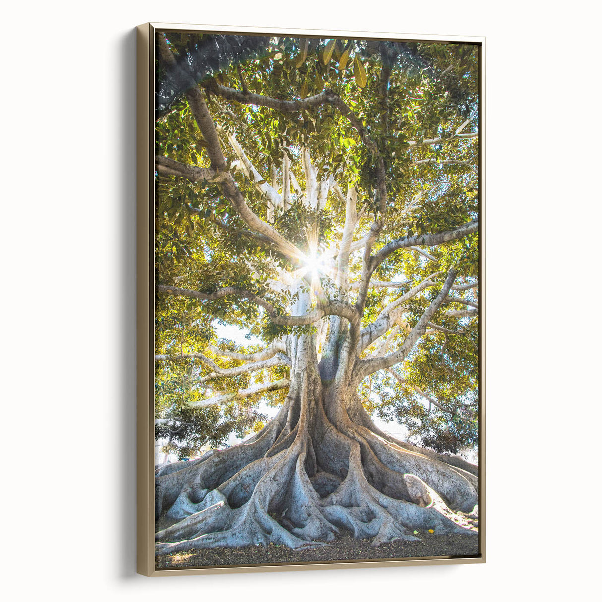 Framed canvas featuring a vintage-style landscape painting with spring themes in muted green and gold tones.