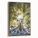 Framed canvas featuring a vintage-style landscape painting with spring themes in muted green and gold tones.