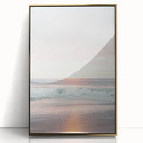 Large art print featuring a mid-century modernist abstract design in gold and white tones on acrylic.