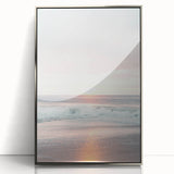 Mid-century modernist art deco poster in silver frame, featuring abstract shapes in pastel colors.