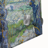 Large abstract wall art print on acrylic glass, featuring swirling blue and yellow tones in a mid-century modernist style.