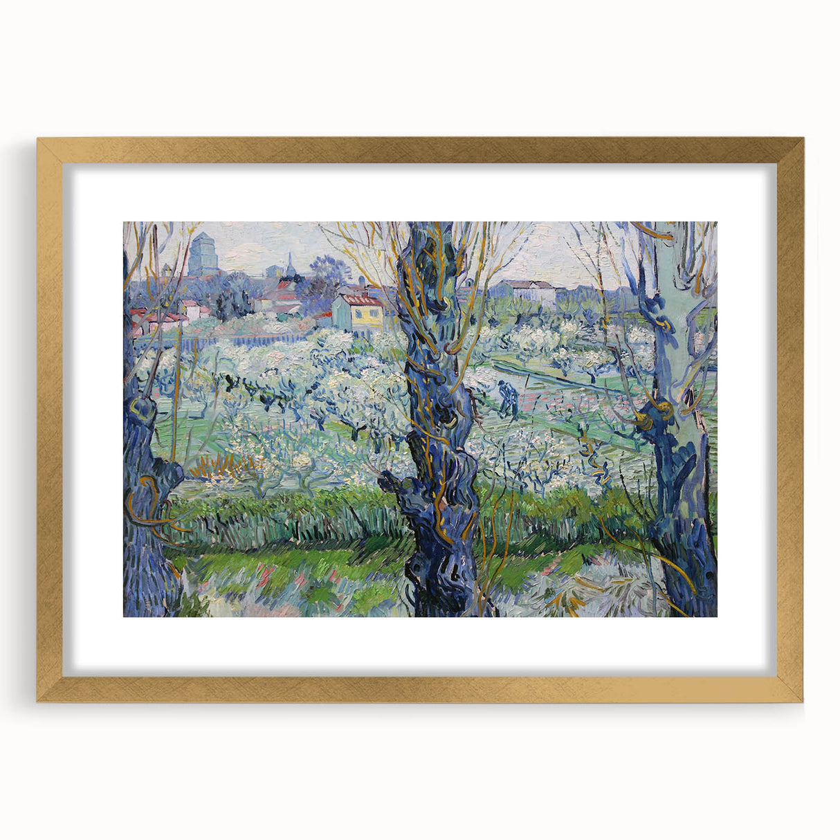 Abstract art print of swirling blue and yellow patterns on a framed canvas, suitable for bedroom or dining room decor.