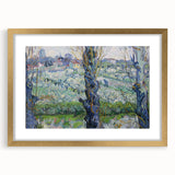 Abstract art print of swirling blue and yellow patterns on a framed canvas, suitable for bedroom or dining room decor.