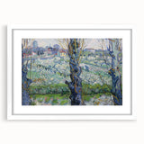 Textured abstract art print in muted blues and greens on a white framed canvas, ideal for bedroom art.