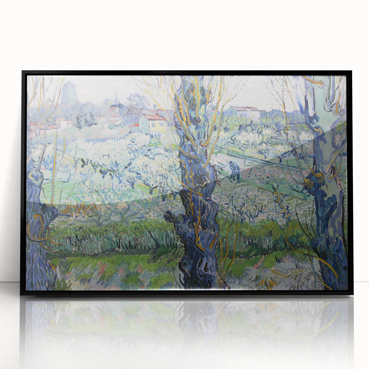 Large abstract wall art featuring swirling blue and yellow tones on a framed acrylic, suitable for modern art wall decor.