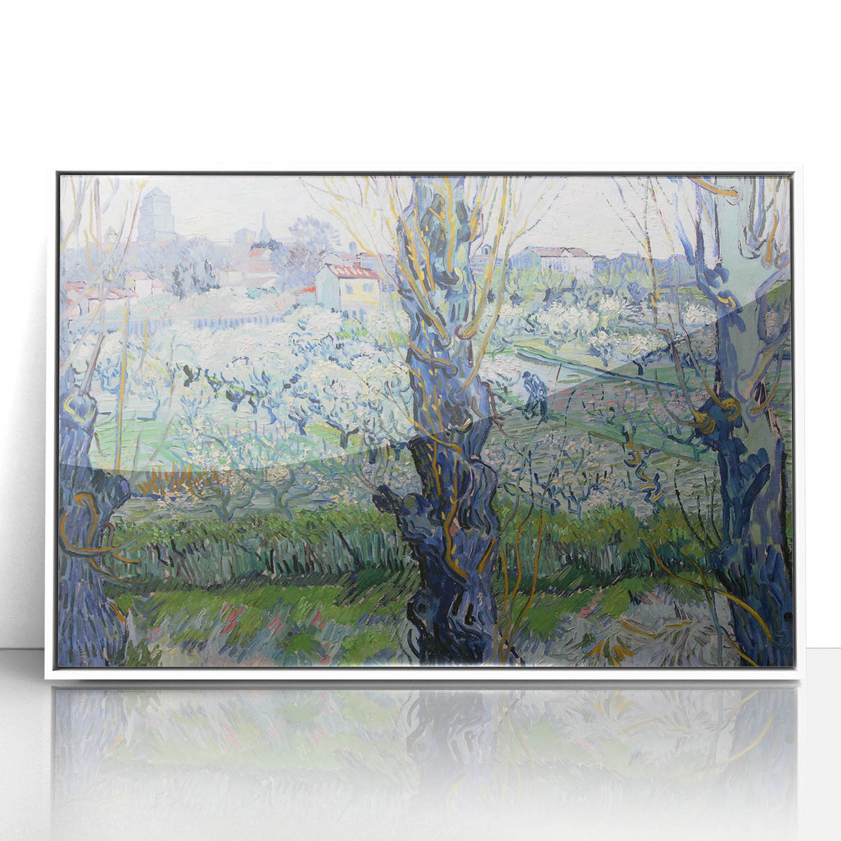 Mid-century modernist art depicting a starry night sky in vibrant blue and yellow hues on a framed acrylic poster.