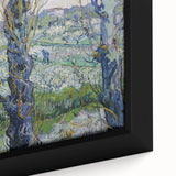 Close-up of a framed canvas depicting a Van Gogh-inspired scene with textured, colorful art on a black background.