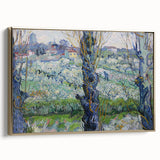 Framed canvas of a vintage-style landscape painting with muted earth tones, ideal for bedroom wall art.