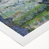 Art deco poster featuring a geometric pattern in muted gold and navy hues on rolled canvas, suitable for dining room decor.