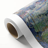 Art deco style poster of a Van Gogh painting on rolled canvas, featuring vibrant blue and yellow tones.