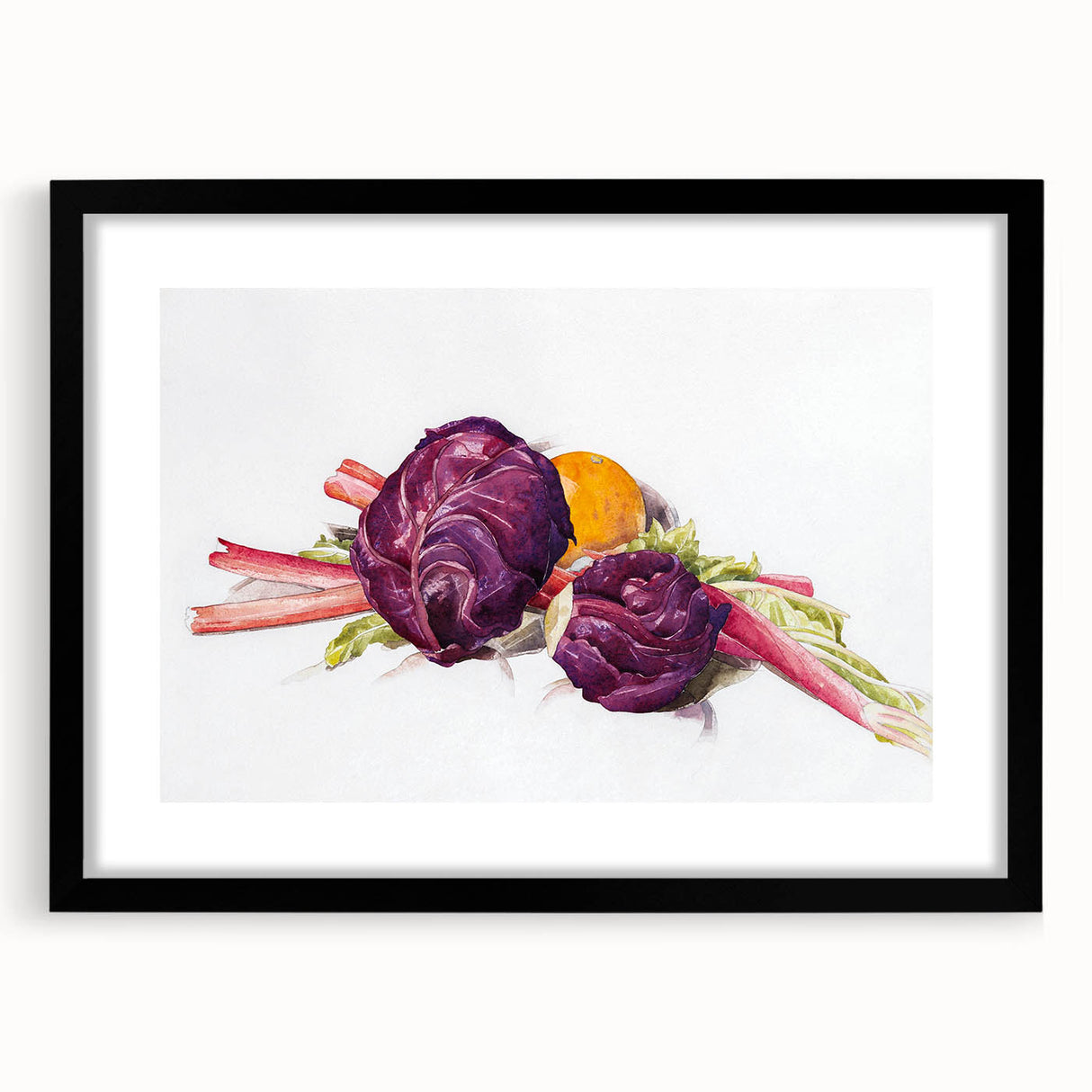 Modern Wall Art: Still Life with Red Cabbages, Rhubarb, and Orange