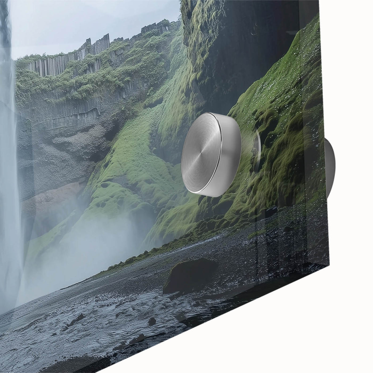 Close-up of a vibrant acrylic glass artwork showcasing a detailed landscape featuring caves, with rich colors and intricate textures, ideal for modern decor.