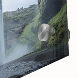 Close-up of a vibrant acrylic glass artwork showcasing a detailed landscape featuring caves, with rich colors and intricate textures, ideal for modern decor.