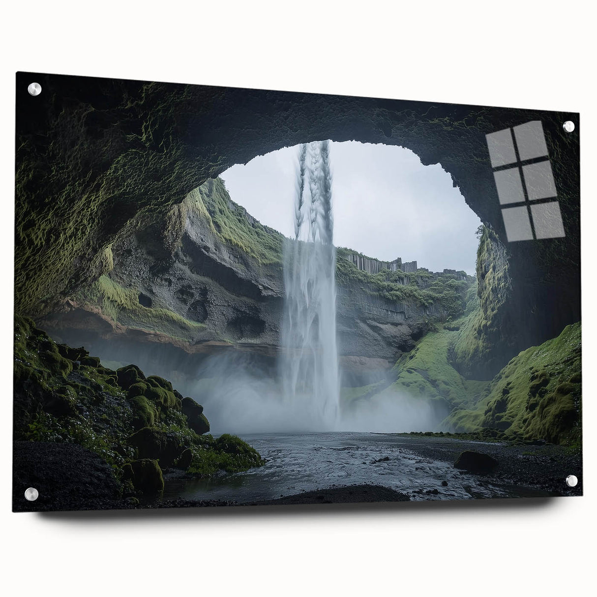 Acrylic landscape artwork depicting a serene cave scene, displayed in a glass frame with pins for secure mounting, showcasing vivid colors and intricate details.