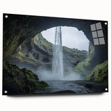 Acrylic landscape artwork depicting a serene cave scene, displayed in a glass frame with pins for secure mounting, showcasing vivid colors and intricate details.