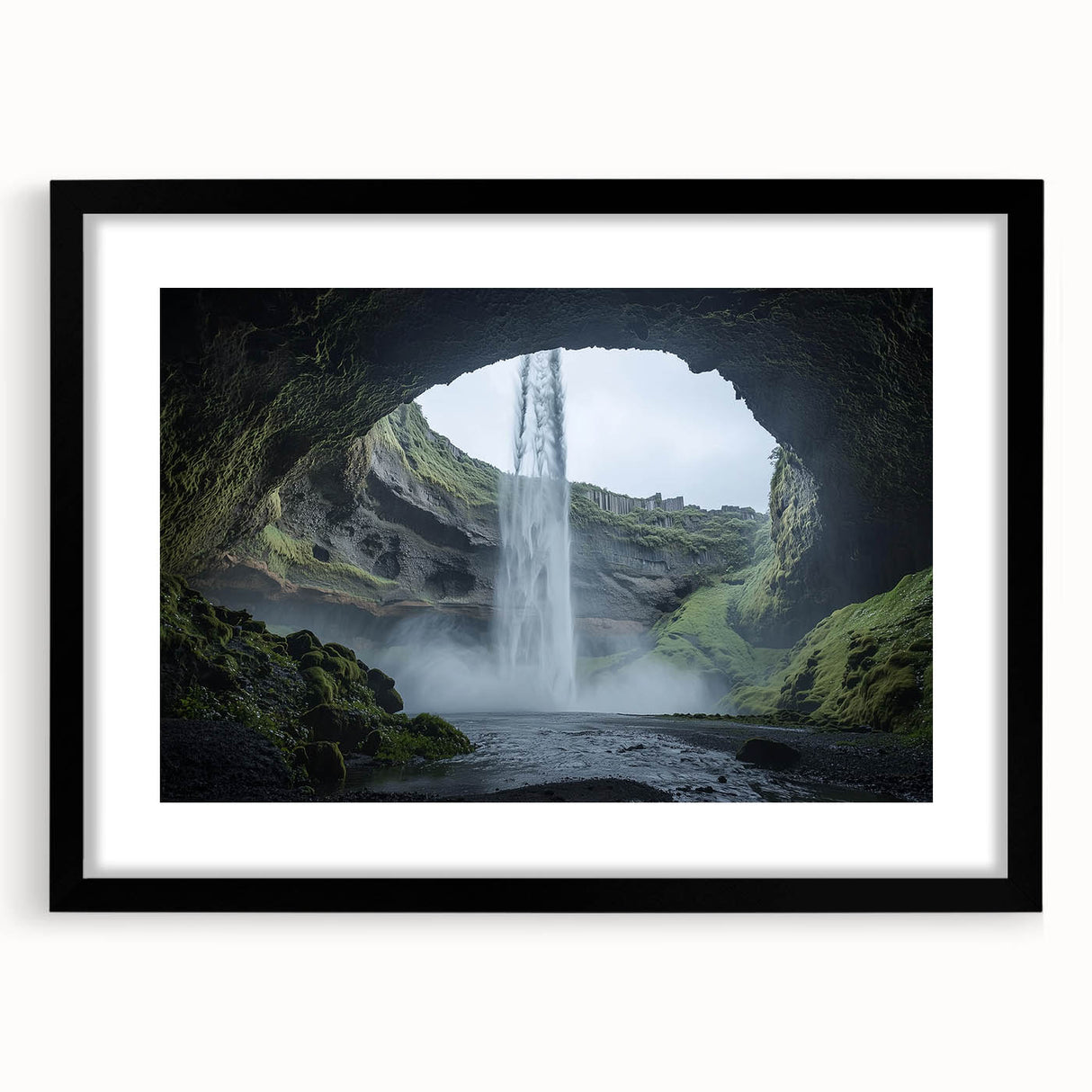 Framed landscape artwork showcasing a serene cave scene with a black mat and sleek frame, ideal for modern home decor and art enthusiasts.
