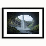 Framed landscape artwork showcasing a serene cave scene with a black mat and sleek frame, ideal for modern home decor and art enthusiasts.