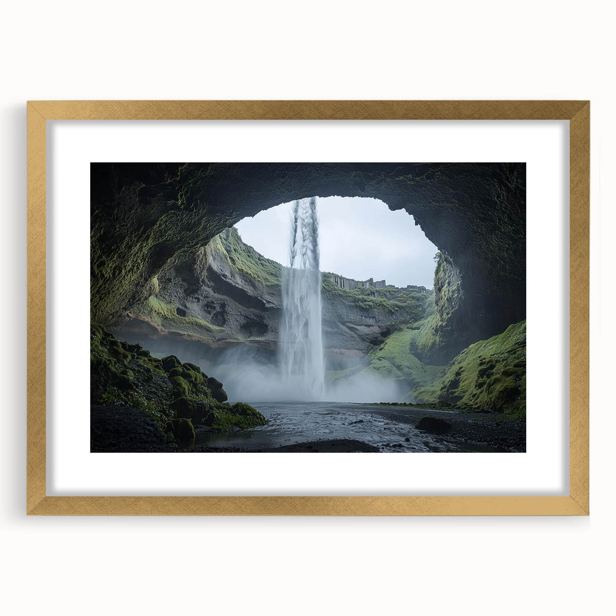 Elegant gold-framed landscape artwork depicting serene cave scenery, featuring a mat for enhanced presentation, ideal for home decor or gallery display.