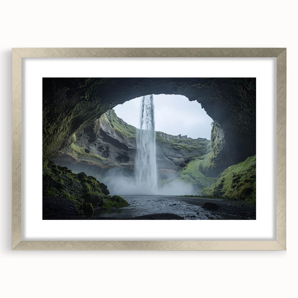 Framed landscape artwork depicting a serene cave scene, featuring a silver mat and elegant frame, ideal for home decor with a modern touch.