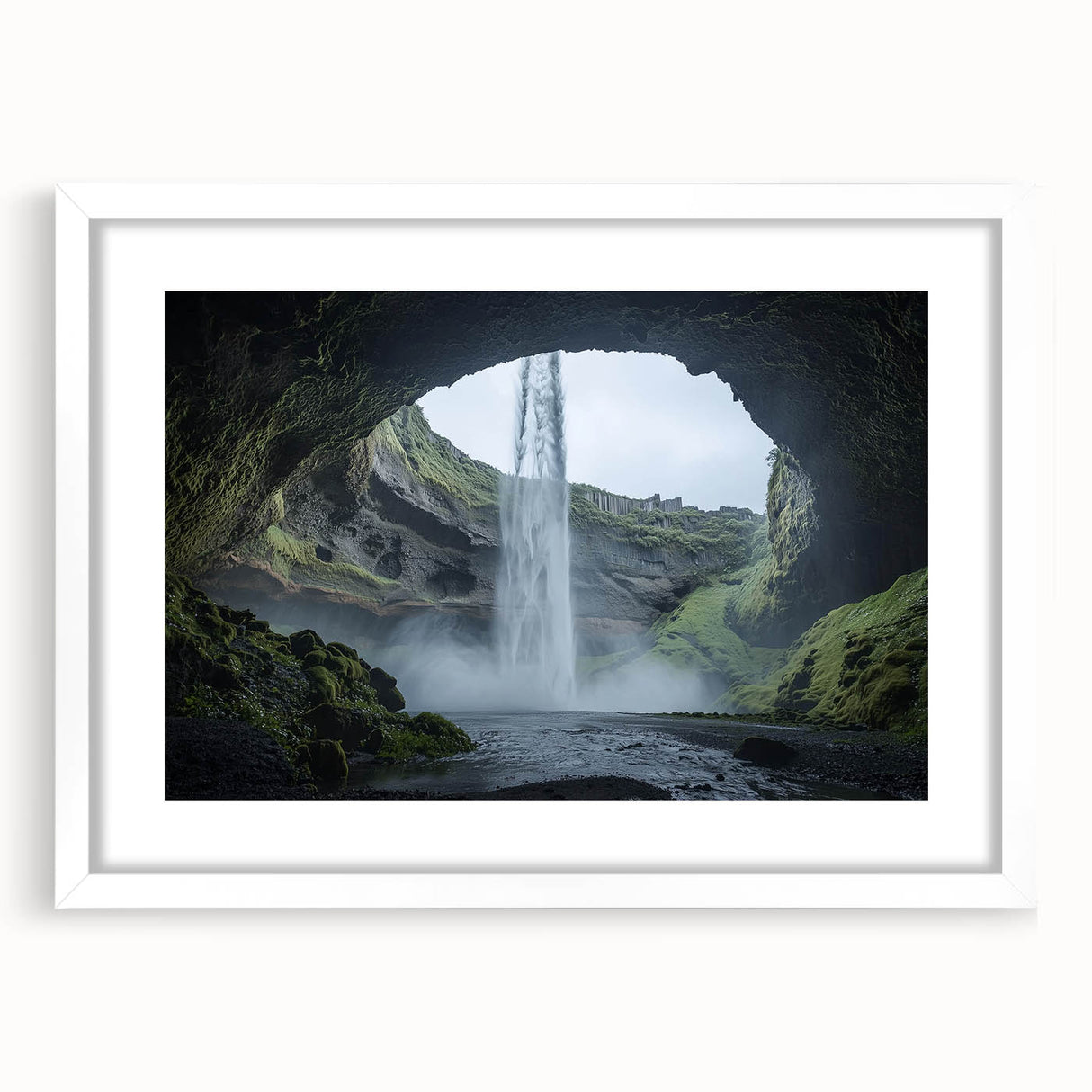 Framed landscape artwork depicting a serene cave scene, featuring a white mat and sleek frame, ideal for home decor or art enthusiasts.